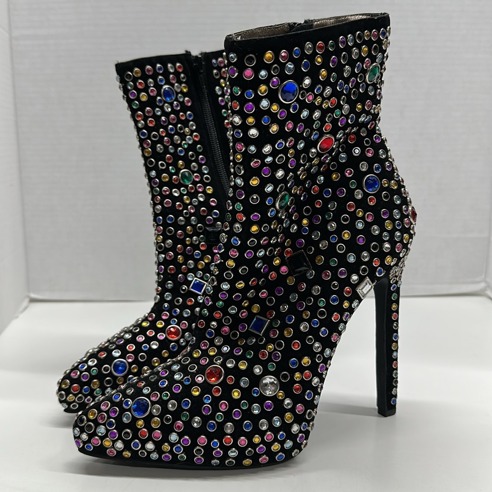 Jeffrey Campbell Stiletto High Heel Booties Boots Jeweled Multicolor Black 7 - Picture 2 of 9